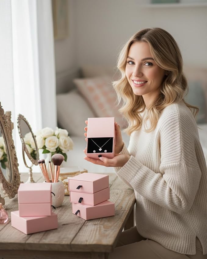 Jewelry Gift Box Velvet-Lined, 12 Pack Compact Drawer Style for Earrings & Rings, Necklace & Bracelet Organizer, Stackable Jewelry Display & Storage Box, Elegant Jewelry Storage (Pink)