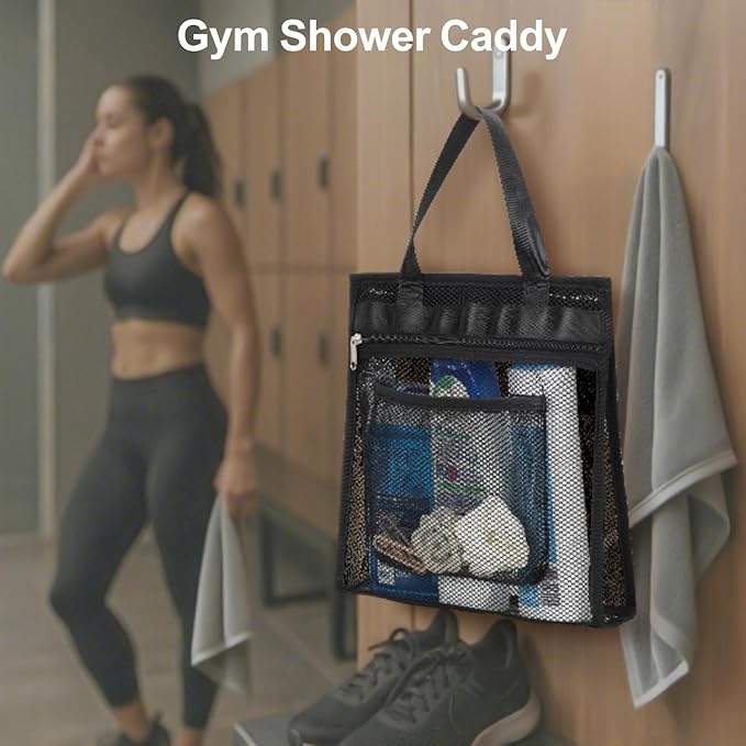 F-color Mesh Shower Caddy Portable Hanging - 3 Pockets Small Shower Bag Tote with Zipper Closure for Camping, Gym Lockers, Travel, Toiletry, Quick Dry Bathroom Essentials with S Hook, Black