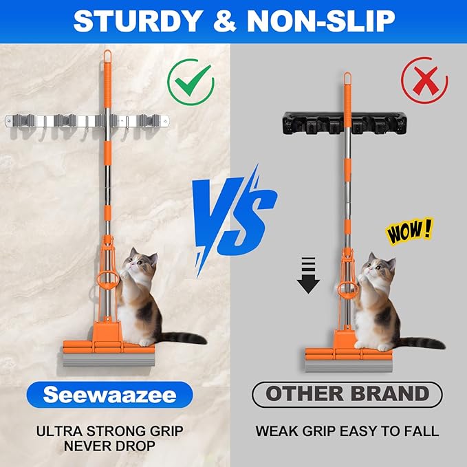 2 Pack Broom Mop Holder Wall Mount, Broom Organizer Mop Hanger Storage Tool Utility Racks Stainless Steel Mop Holder Solid for Home Kitchen Garden Laundry Garage (2, 4 Racks 3 Hooks)