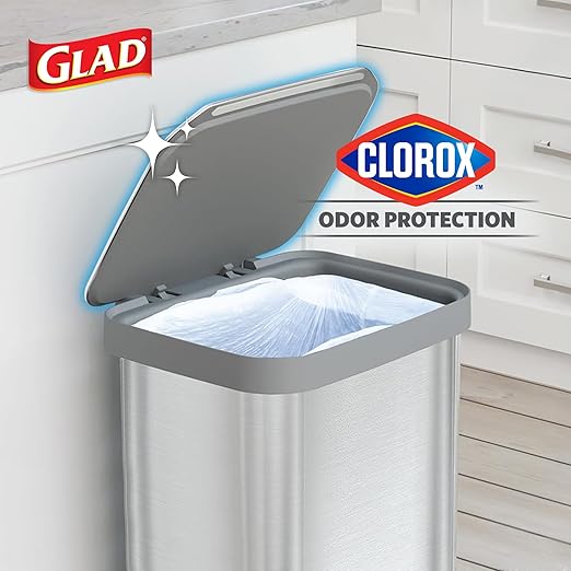 Glad Stainless Steel Step Trash Can, Series 2 with Clorox Protection - Large Metal Kitchen Garbage Bin with Soft Close Lid, Foot Pedal and Waste Bag Roll Holder, 13 Gallon