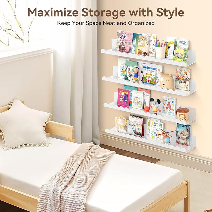 Floating Shelves for Wall, 23 Inch Metal Nursery Book Shelves 4 Pack, Wall Mounted Book Shelf for Kids Room, Bedroom, Bathroom, Playroom Decor （White）