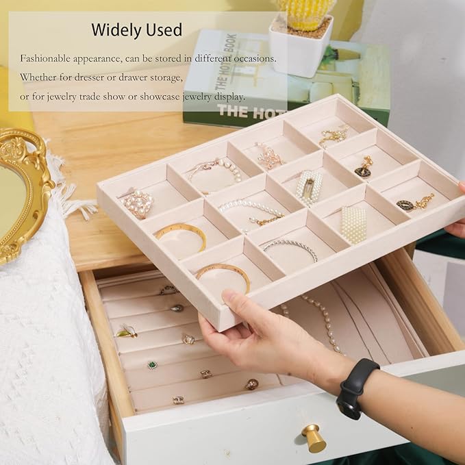 Large Velvet Jewelry Tray, Drawer Organizer for Jewelry in Dresser, Stackable Jewelry Drawer Organizer Inserts for Earring Necklace Bracelet Rings(Beige,12grid)