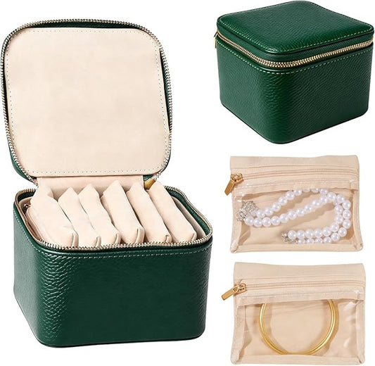 Travel Jewelry Organizer, Travel Jewelry Box with 6 Velvet Zipped Pouches Bags for Jewelries Necklaces Rings Earrings Sorting Storage for Women Girl Gifts, Mint Green