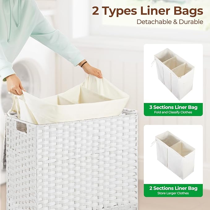 Greenstell Laundry Hamper with Lid, 125L Wicker Laundry Baskets with 2 Removable Liner Bags & 5 Mesh Laundry Bags, Handwoven Rattan Clothes Hamper with Handles for Clothes in Bathroom, Bedroom