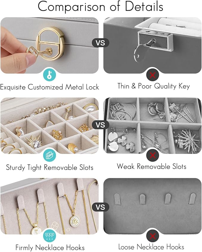VLANDO Jewelry Boxes for Women,2 Layers Jewelry Box with Lock,Birthday Gifts for Women Girls,Jewelry Organizers for Earrings Necklace,Rings Storage Grey