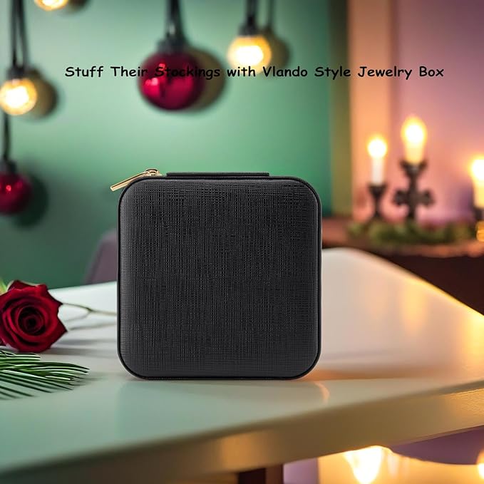 Vlando Small Faux Leather Travel Jewelry Box Organizer Display Storage Case for Rings Earrings Necklace, Black