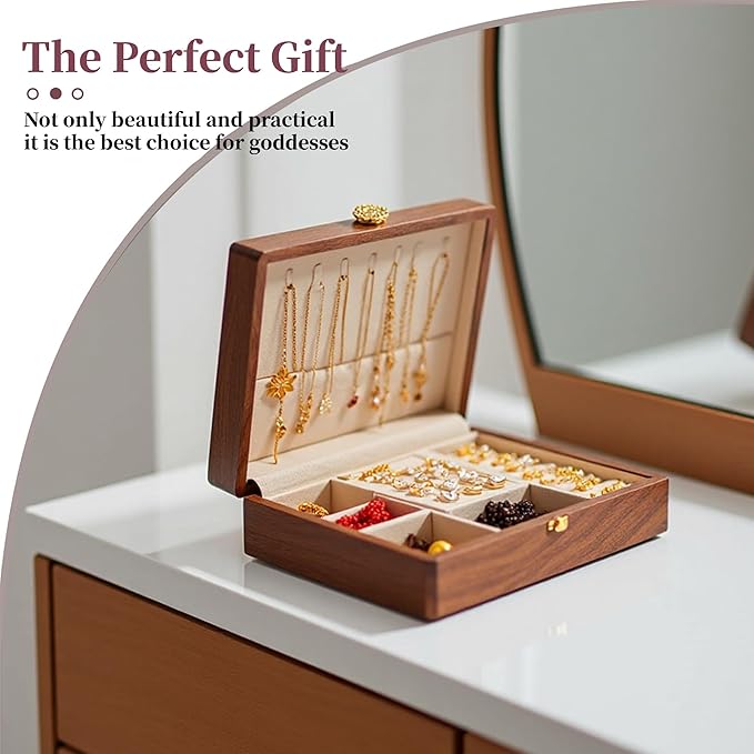 Travel Jewelry Case Small Wood Jewelry Organizer Jewelry Box for Women (Nut-Brown Print C)