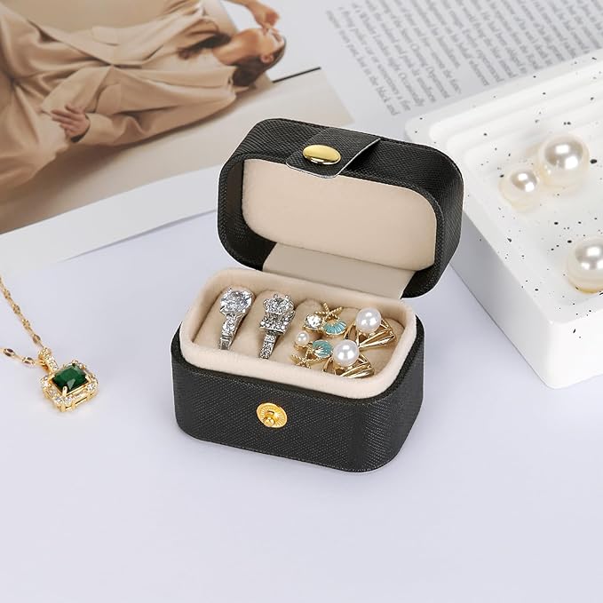 KUKUVR Small Travel Jewelry Box For Ring Stud Earring, Mini Jewelry Ring Holder for Multiple Rings, Portable Jewelry Storage Organizer Case (Black)
