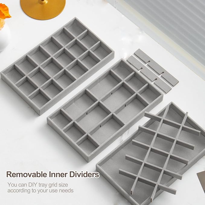 SPAKOWN Jewelry Drawer Organizer Inserts Set of 9, Velvet Jewelry Trays for Drawers, Storage for Earring, Ring, Necklace, Watch, Bracelet (Grey)