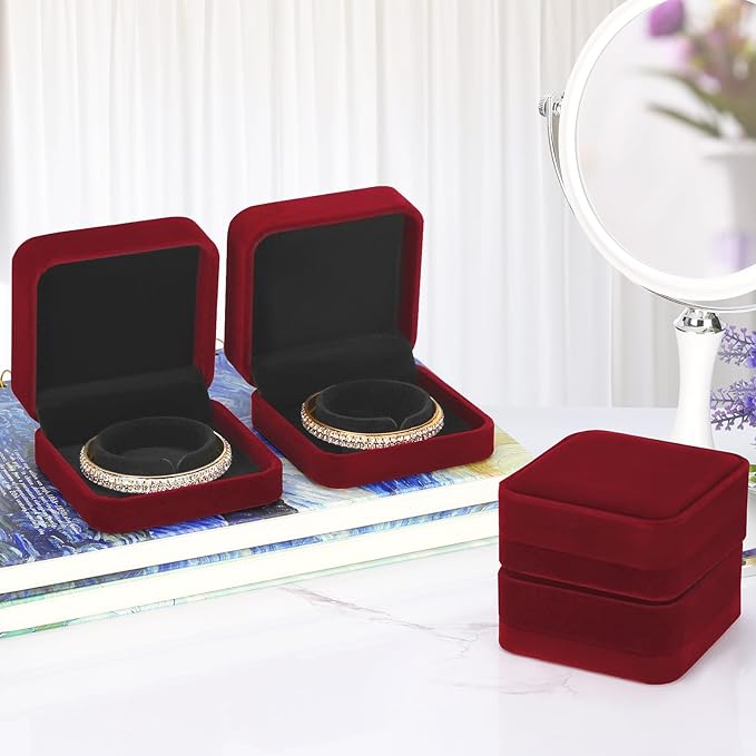 LETURE 4 Pieces Classic Velvet Bracelet Bangle Pendant Necklace Gift Box, Travel Jewelry Box Display Storage Case for Gift, Wedding, Engagement, Proposal, Birthday (4PCS Bracelet-RED)