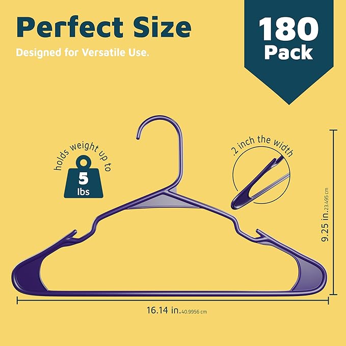 Plastic Clothes Hangers – Heavy Duty Hanger Set, for Organizing Clothes, Dresses, and Coats, Holds Up to 5 lbs, Space-Saving Hangers with Non-Slip Shoulder Grooves, Pack of 180, Purple