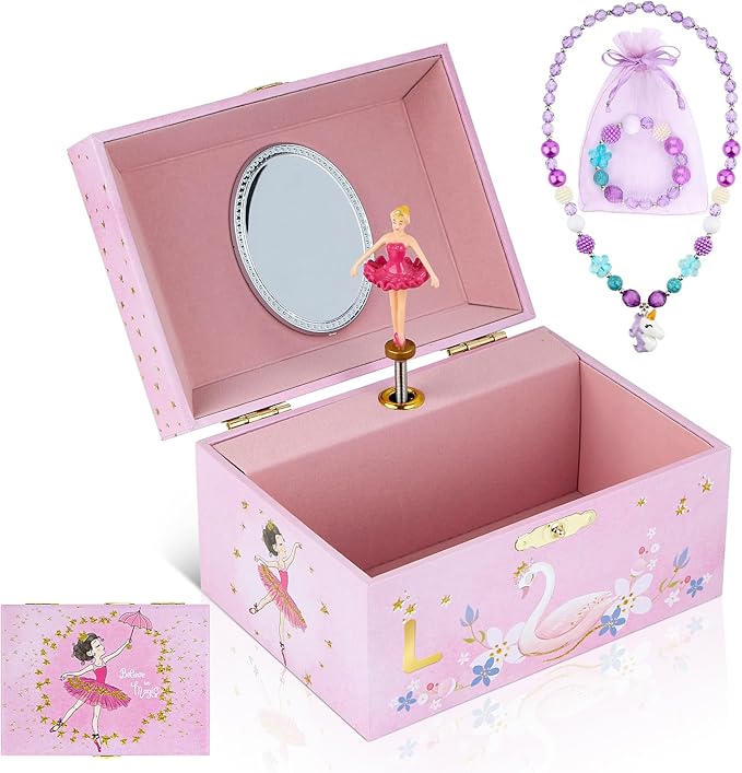Personalized Initial L Musical Jewelry Box for Girls - Ballerina Music Box with Spinning Dancer, Includes Unicorn Necklace & Bracelet Set, Custom L Letter Keepsake for Kids Ages 3-10