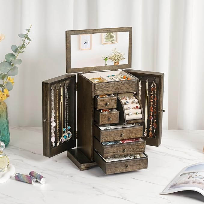 Jewelry Box for Women, Rustic Wooden Jewelry Boxes & Organizers with Mirror & Drawers,6 Layer Jewelry Organizer Box for Rings Earrings Necklaces Bracelets (Vintage)