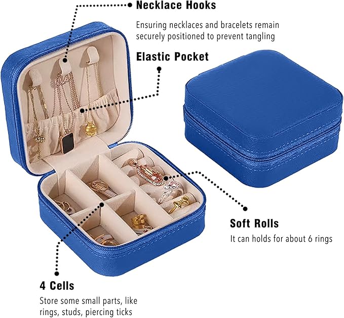 Small Travel Jewelry Box, Portable Mini Jewelry Leather Box Jewelry Ring Organizer Case Storage Holder Gift Boxes for Girls Women, Navy blue