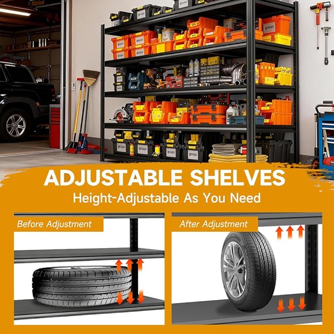88" H×48" W Garage Shelving,6-Tier Heavy Duty Shelving, 3000 lbs Capacity Garage Storage Shelves, Industrial Shelves for Heavy Tools and Equipment, Ideal for Garage, Basement, Black