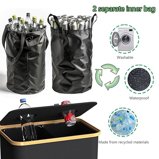 Recycling Bin Kitchen Indoor Home 40 Gallon 156L Recycle Bin with Lid 2 Removeable Reusable Inner Bag Bottle Can Glass Waste Plastice,Big Black