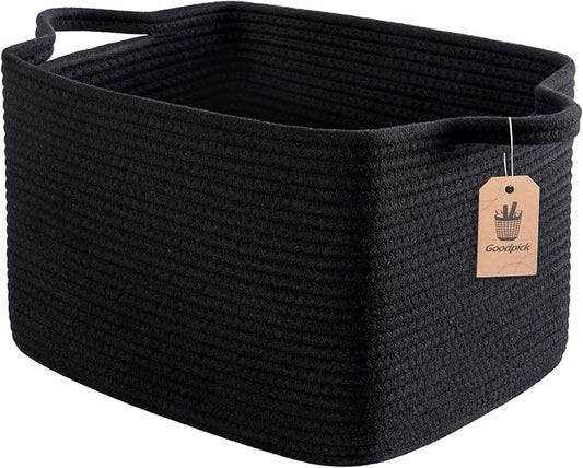 Goodpick Woven Storage Baskets for Organizing, Cotton Rope Organizer for Living Room Bedroom, Black Laundry Basket with Handles, Stylish Gift Baskets for Baby Boys, 13"x10"x9"