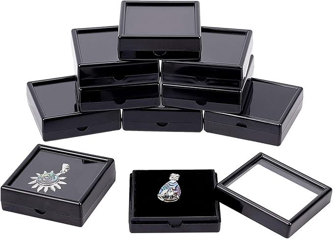 BENECREAT 10PCS Black Gemstone Display Box Square Acrylic Jewelry Box Container 2.4x2.4x0.8inch with Clear Top Lids and Sponge Inside for Mother's Day Festival Treat, Gems, Coins, Jewelry Packing