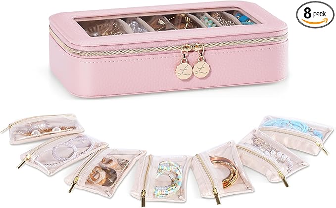 Lolalet 8 in 1 Travel Jewelry Case with Velvet Pouches, Clear Window Travel Jewelry Organizer Bags for Earrings, Bracelets, Necklaces and Rings, Compact Jewelry Storage for Women Girls -Pink, 7PCS