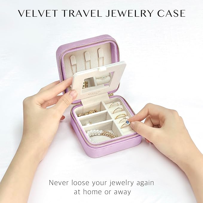 BLUTETE Travel Jewelry Box Organizer Velvet Travel Case With Mirror Rings Earrings Necklaces Storage Organizer Box (Lavender)