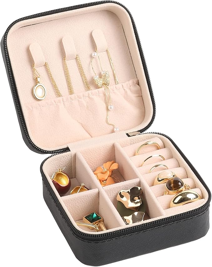 OceeK Travel Jewelry Case Box Organizer, PU Leather Small Jewelry Box,Portable Travel Jewelry Storage Case,Black,1 Pack