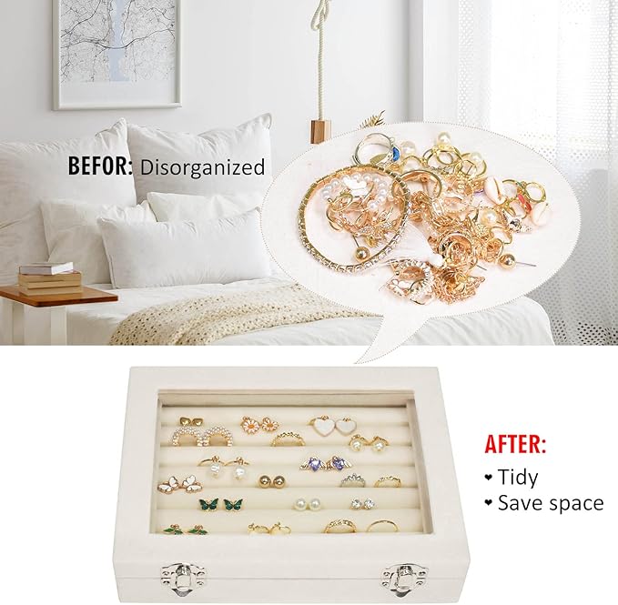 Vicoter Rings Organizer Tray 7 Slots Velvet Jewelry Earring Storage Box with Transparent lid Jewelry Display Case for Girls Wife Mom Women (Beige)