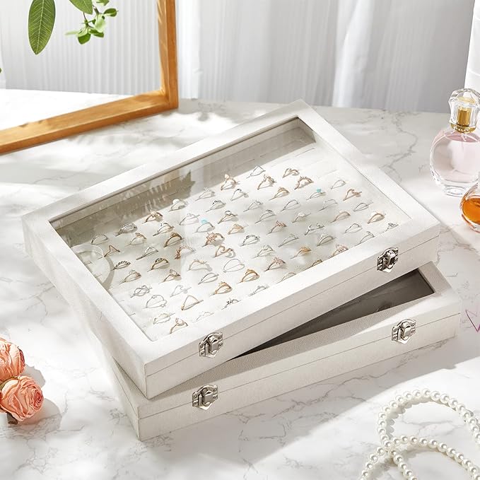 Yinkin 2 Pcs 100 Slots Ring Organizer Box with Transparent Glass Lid Necklace Display Tray Ring Case Velvet Jewelry Holder