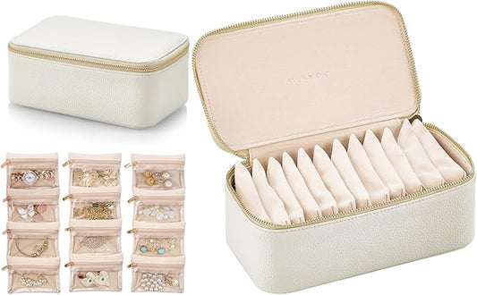 VLANDO Travel Jewelry Box Organizer – Portable PU Leather Jewelry Case with 6/8/12 Zippered Pouches, Compact Storage for Earrings Rings Necklaces Bracelets, Offwhite