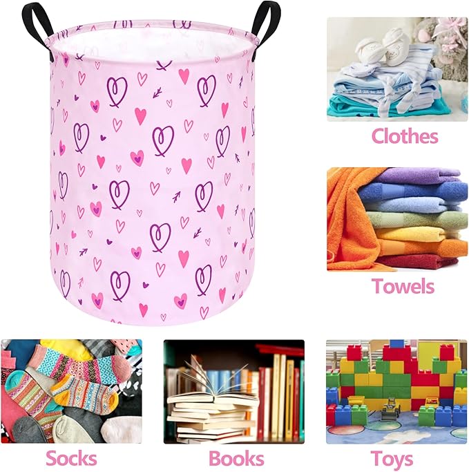 Collapsible Kids Laundry Basket Clothes Hamper, Foldable Storage Organizer Bin, Toy Clothes Storage with Handles for Boys Girls Bedroom, Room Decor Love