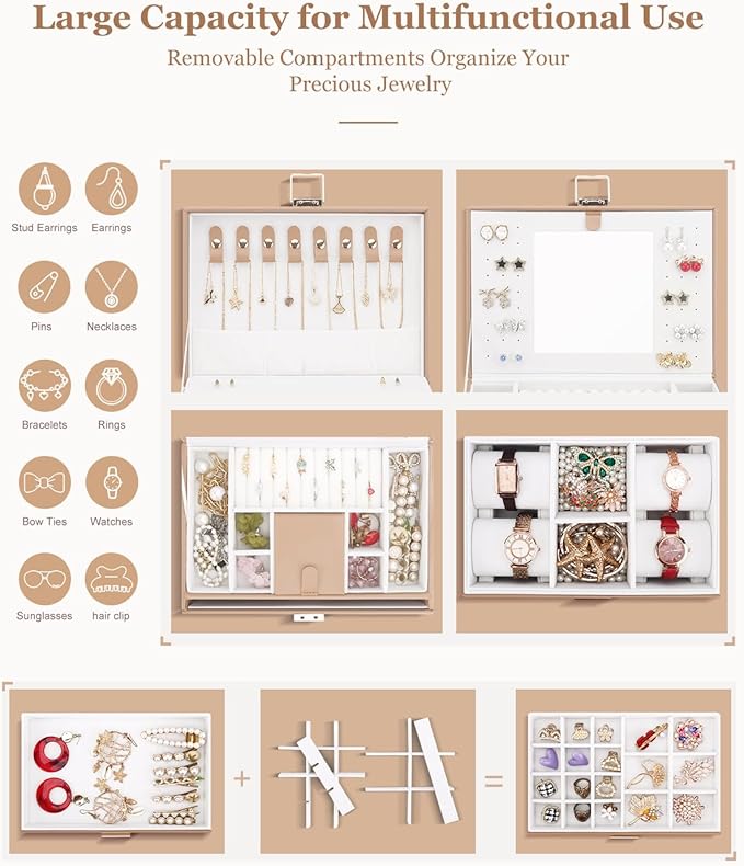 DesignSter Jewelry Box for Women Girl, 3-layer Lockable Jewelry Organizer with Mirror, Large Leather Jewelry Case for Earring Necklace Ring Bracelet Watch