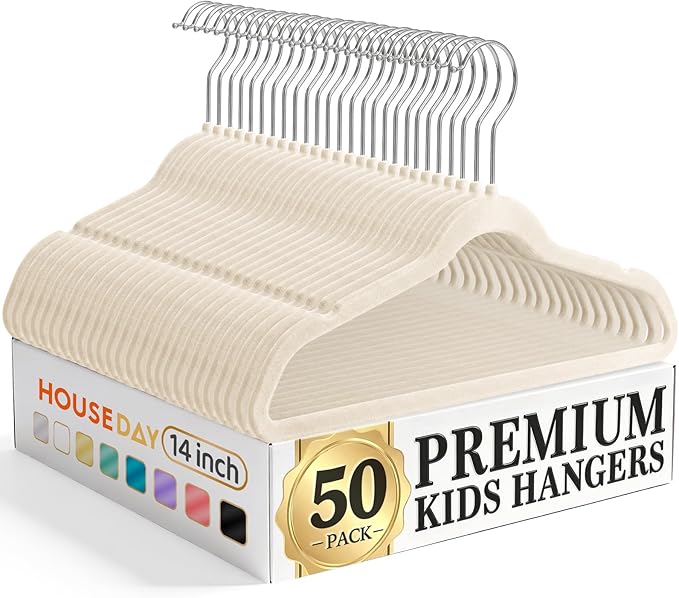 HOUSE DAY 14 Inch Kids Velvet Hangers 50 Pack, Durable Big Kid Hangers for Youth, Non Slip Kids Felt Hanger, Cute Childrens Hanger for Closet, Beige