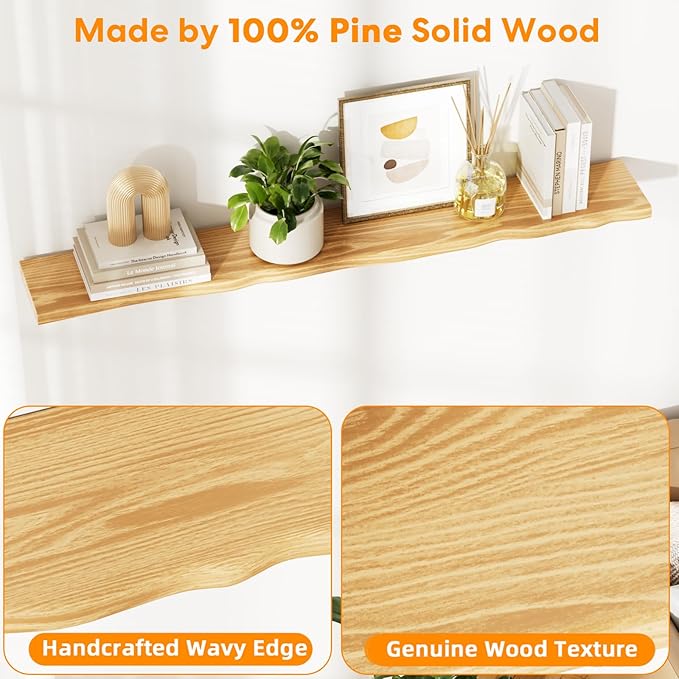 Floating Shelves for Wall Rustic Farmhouse 55 Inch Floating Shelf Bathroom Wooden Shelves for Wall Mounted Live Edge Pine Shelf with Unique Natural Grain for Living Room Bedroom Kitchen (Natural)
