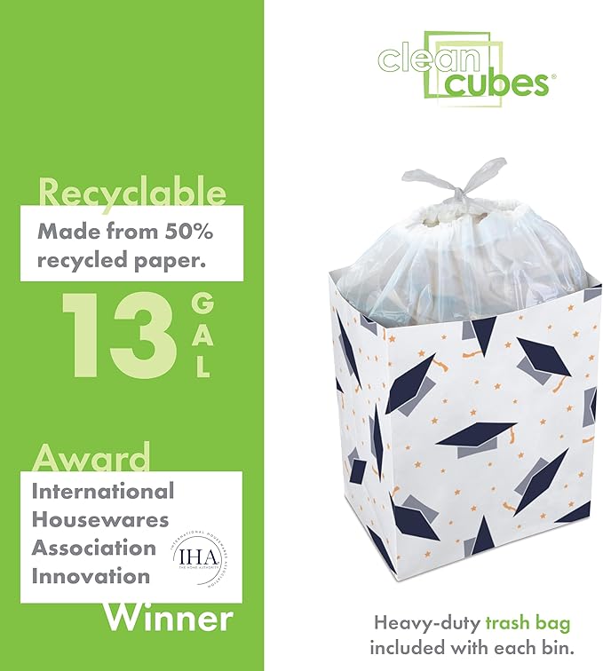 Clean Cubes 13 Gallon Disposable Pop-Up Trash Cans (3-Pack) with Fitted Bags – Foldable Garbage & Recycling Bins for Parties, Events & Kitchen (Graduation, 17" H x 13.5" W x 10" D)