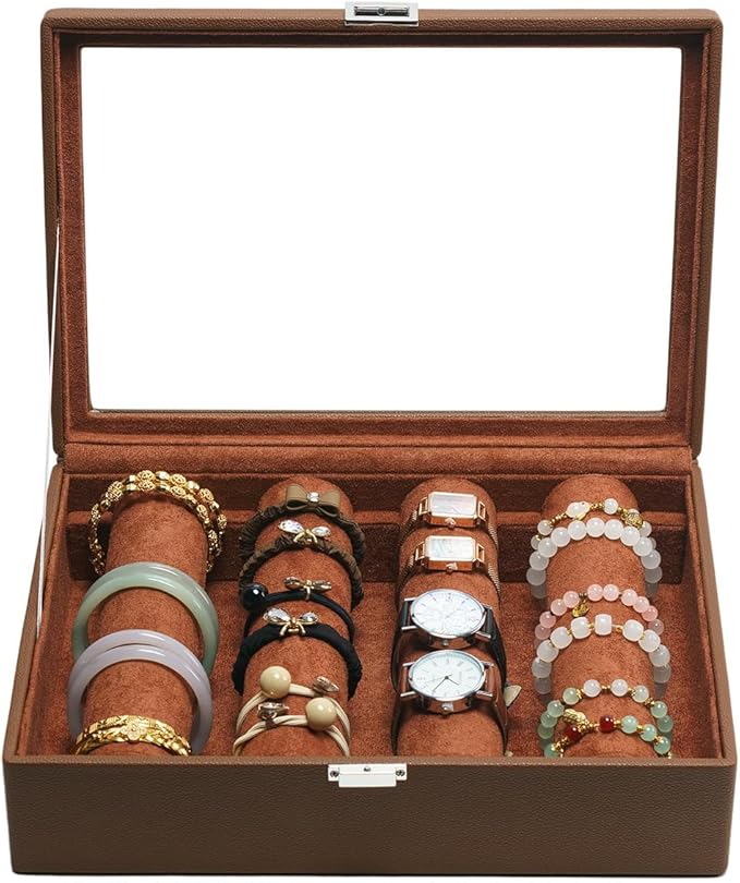 Bracelets Organizer Rods Bangles Display Holder, Clear See through Lid Leather Velvet Jewelry Storage Box Case for Women, 4 Rods Brown Leather
