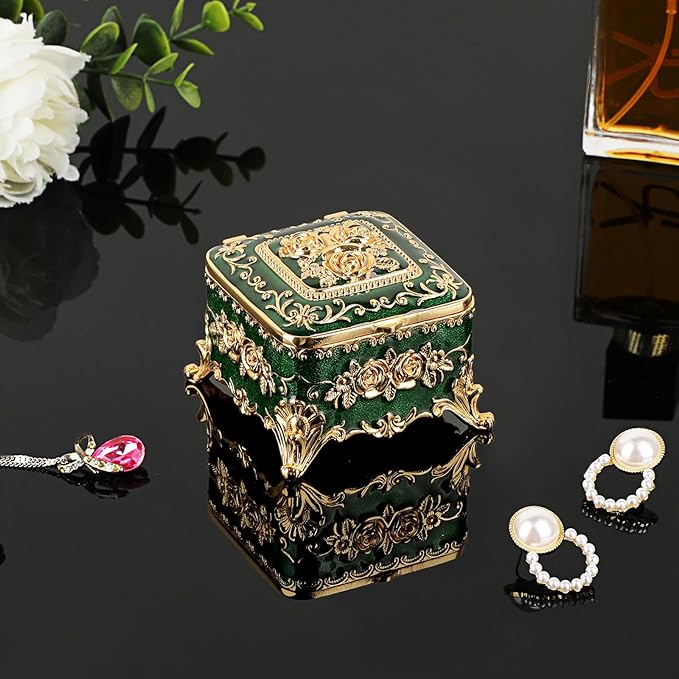 Hipiwe Vintage Jewelry Box Small Trinket Storage Organizer Box Gold Metal Chest Ring Case Treasure Chest Square Keepsake Boxes for Earrings Necklace Gift for Women,Green