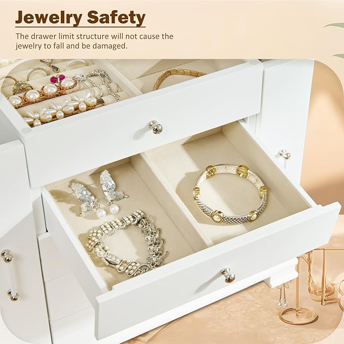 White 5 Layer Huge Jewelry Box,Top With Mirror Wooden Jewelry Organizer Box,With 8 Hook And Velvet Lining Antique Jewelry Box For Women,For Watch Necklace Ring Earring Storage Gifts