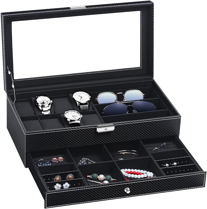 TomCare Watch Box Watch Case Watch Holder Organizer Jewelry Case Drawer Sunglasses Display Box Storage Earrings Storage Organizer Lockable with Glass Top and PU Leather for Men Women (All Black)