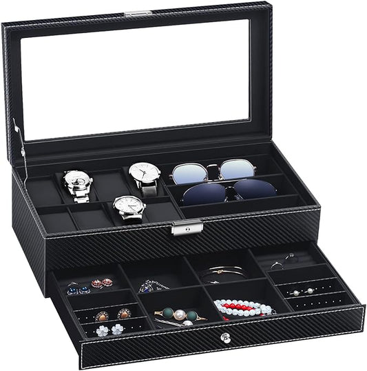 TomCare Watch Box Watch Case Watch Holder Organizer Jewelry Case Drawer Sunglasses Display Box Storage Earrings Storage Organizer Lockable with Glass Top and PU Leather for Men Women (All Black)