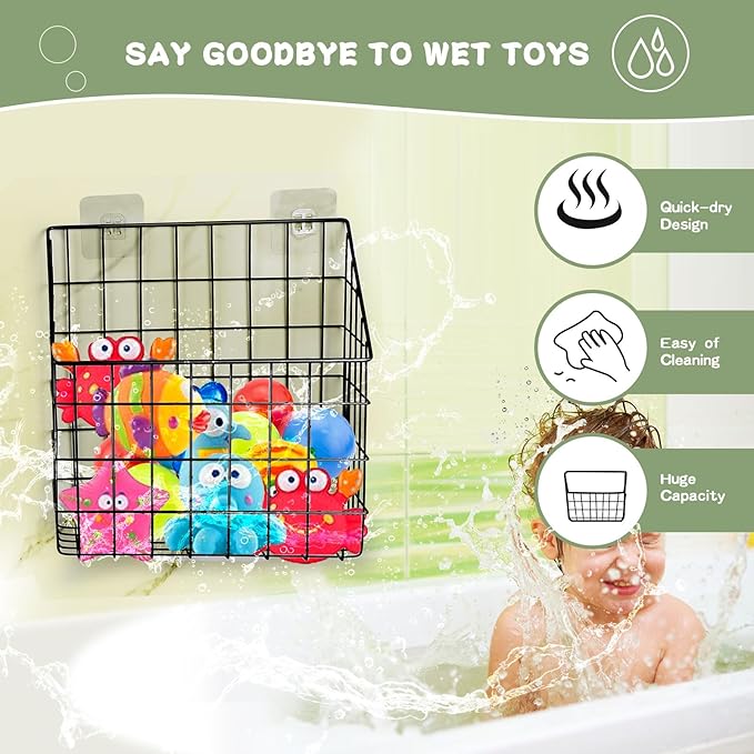 Greentainer 2 Pack Bath Toy Storage Organizer, Large Rustproof Metal Wire Basket, Wall Mounted Hanging Bathtub Holder, Bathroom Shower Caddy for Tub Toys & Toiletries