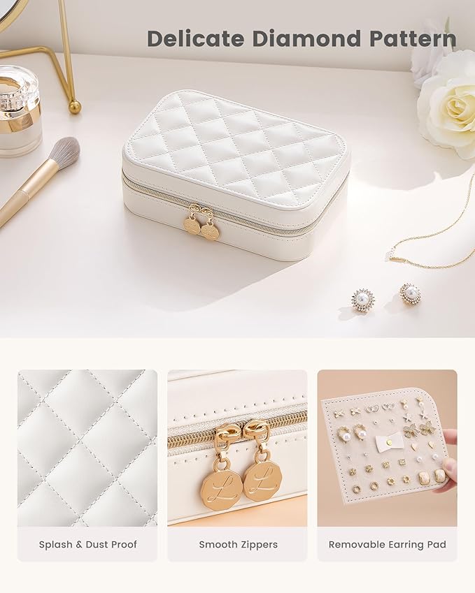 Lolalet Travel Jewelry Case for Women Girls, PU Leather Jewelry Organizer with Clear Storage Bag Small Portable Jewelry Box for Necklace Bracelet Earring Ring Mothers Day Birthday Gifts -Medium/Beige
