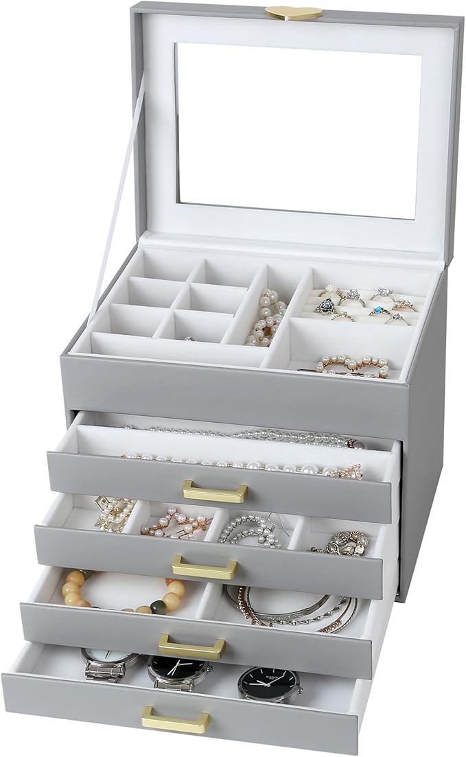 Kendal Jewelry Box, 5-Layer Jewelry Organizer Box with Glass Lid, Gray, Heart Shaped PU Leather, Storage Box for Necklace Earrings Rings Bracelets, Gift Idea for Girls LJC4DRGY