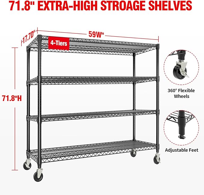 Garvee 4-Tiers Storage Shelves Heavy Duty Garage Shelving Units with Wheels 59" W x 71.8" H, 2640LBS Rolling Wire Shelving Rack, Adjustable Shelf for Garage Kitchen Warehouse Industrial Pantry