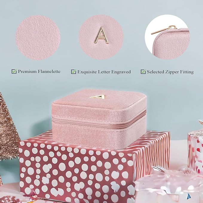 Vlando Small Travel Jewelry Box Organizer Display Case for Rings Earrings Necklaces Storage, Selected Soft Velvet, Letter A Engraved, Pink