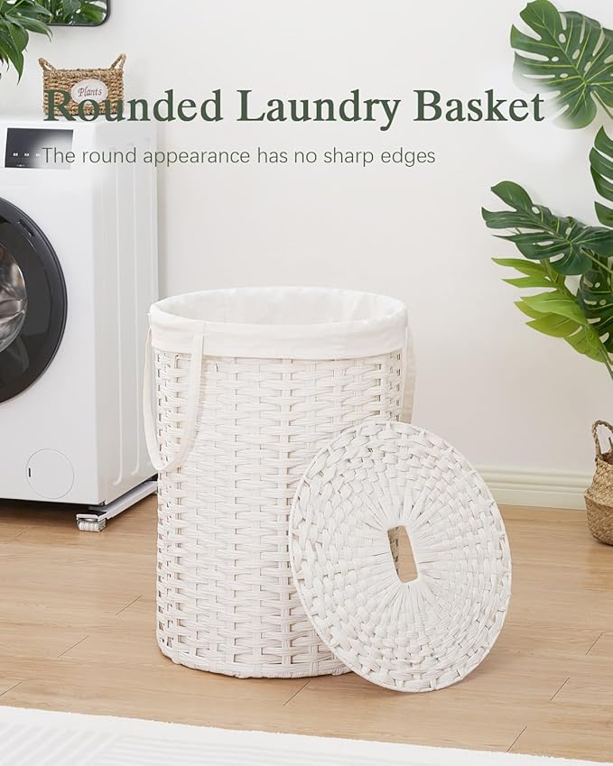 SETVSON Laundry Basket with Lid Round Rattan Laundry Hamper with Lid and Handles 29.1 Gal (110 L) Handwoven Woven Basket with Removable Bags and 2 Mesh Bags for Bathroom Living Room White