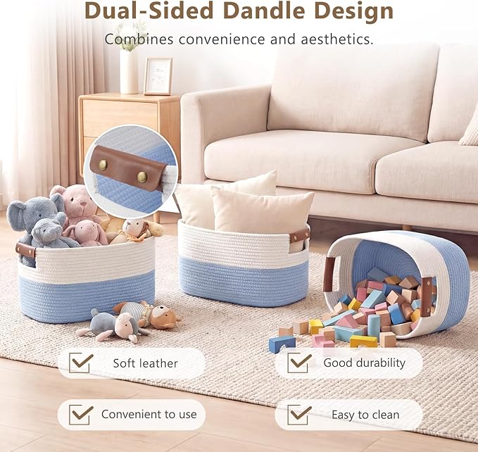ECDYQXVU Cotton Rope Basket, Storage Baskets with Handle, 15x10x9 Inch Woven Basket for Shelves, Laundry, Towels, Clothes, Books (White/Blue 1Pack)