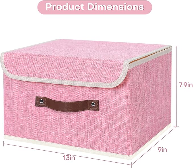 ANMINY 4PCS Storage Bin with Lid Storage Boxes with PU Leather Handles PP Plastic Board Decorative Foldable Lidded Cotton Linen Fabric Home Cubes Baskets Closet Organizer Container - Pink, Medium