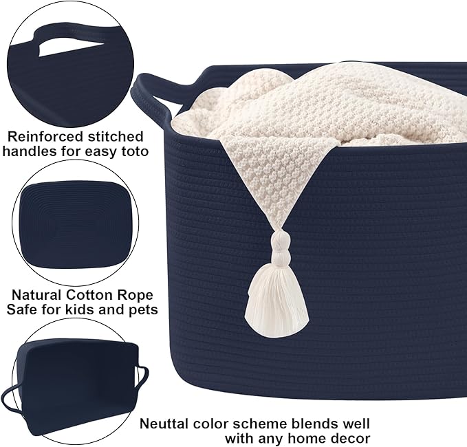 96L Large Blanket Basket,24"x16"x15"Rectangle Storage Bin with Handles,Woven Rope Laundry Basket for Toys, Clothes,Magazines,Home Organization,Nursery,Living Room & Bedroom,Navy