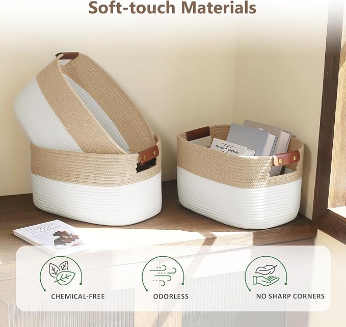 ECDYQXVU Cotton Rope Storage Baskets,15x10x9 in,Foldable Storage Bins, Decorative Woven Basket Cube Storage Organizer for Laundry, Towel, Clothes (White/Beige-3Pack, 15x10x9 inches)