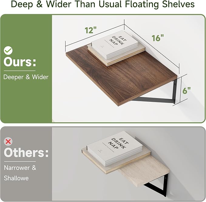Heimlove 12 Inch Deep Floating Shelves for Wall, 16W x 12D Wide Floating Shelves Heavy Duty Wall Mounted Shelves, Wood Wall Shelves for Living Room Bedroom Bathroom Kitchen- Set of 4