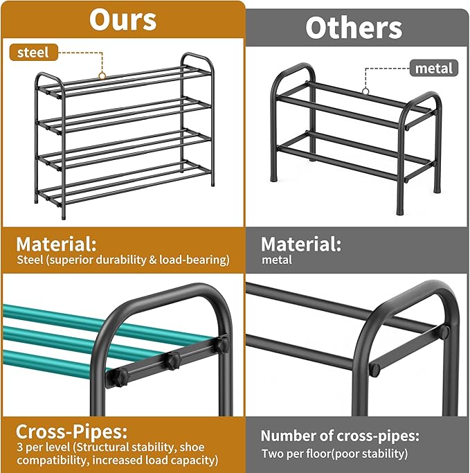 Hleelomi 4-Tier Expandable Shoe Rack for Entryway，Adjustable Metal Shoe Organizer for Closet,Living Room,Dorm,Black
